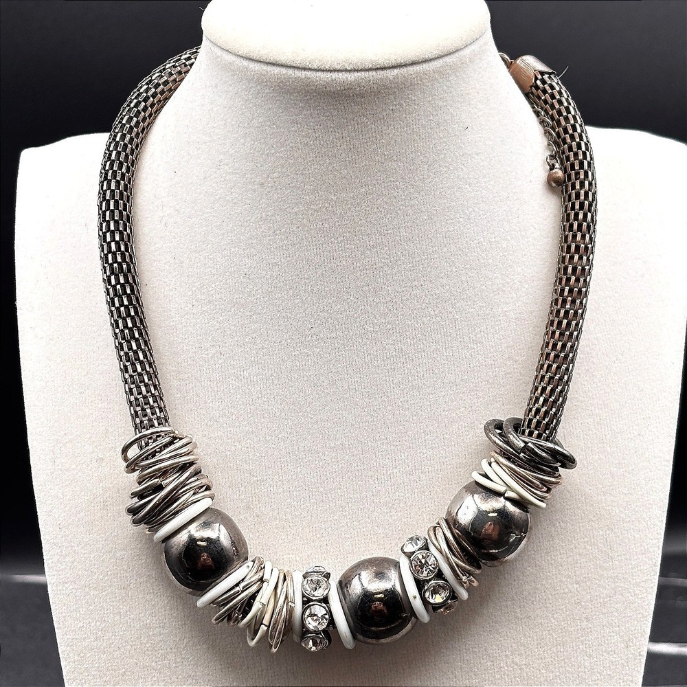 Daisy Moore Women's Chunky Statement Necklace Silver Tone Mesh Chain Large Beads
